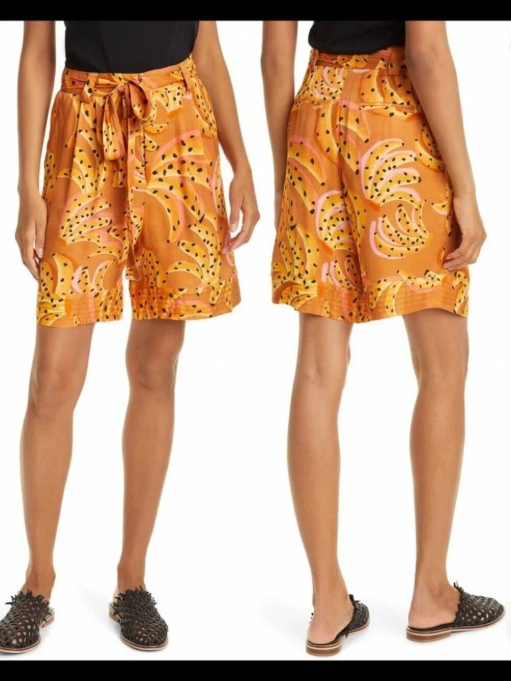 Farm Rio Raining Bananas Tie Front Bermuda Long Shorts Small Yellow Brown Tan